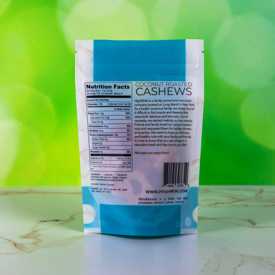 High&Miri Coconut Roasted Cashews 1.5 oz pouch nutritional label