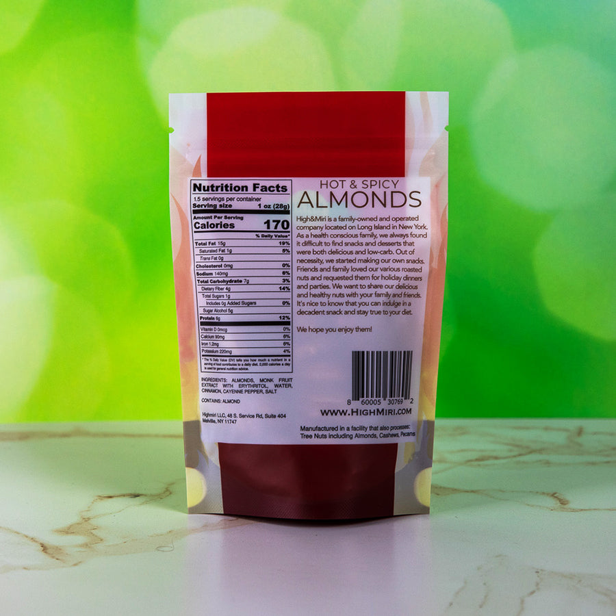 High&Miri Hot & Spicy Almonds 1.5 oz pouch nutritional label