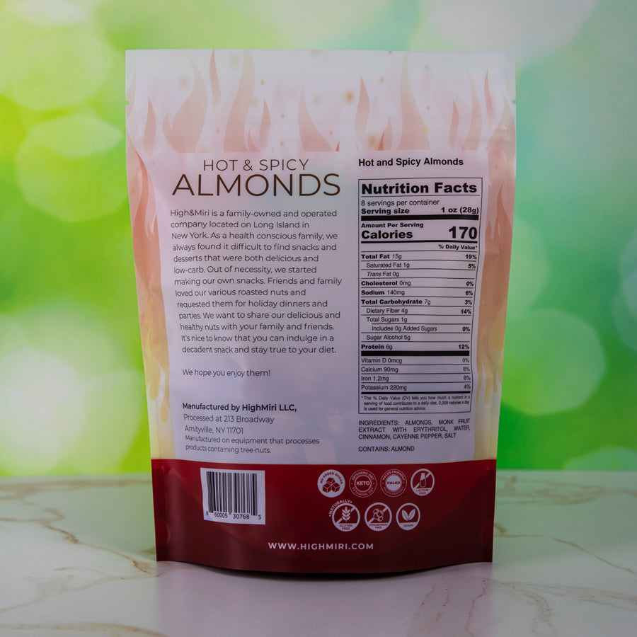 High&Miri Hot & Spicy Almonds 8 oz pouch nutritional label