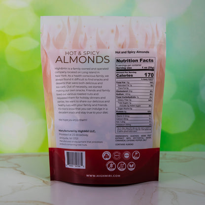 High&Miri Hot & Spicy Almonds 8 oz pouch nutritional label