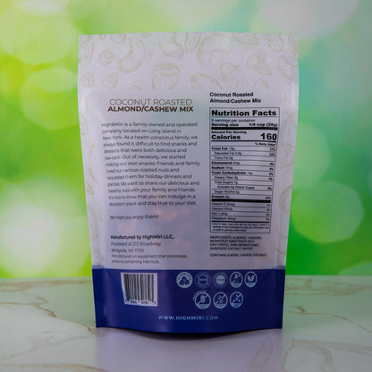 High&Miri Coconut Roasted Almond/Cashew Mix 8 oz pouch nutritional label