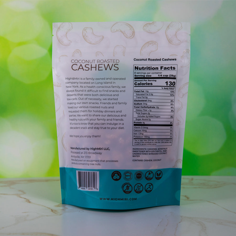 High&Miri Coconut Roasted Cashews 8 oz pouch nutritional label