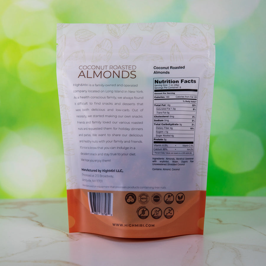 High&Miri Coconut Roasted Almonds 8 oz pouch nutritional label