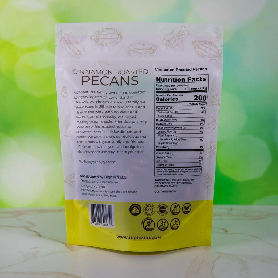 High&Miri Cinnamon Roasted Pecans 8 oz pouch nutritional label