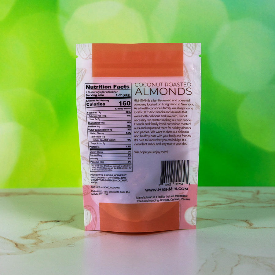 High&Miri Coconut Roasted Almonds 1.5 oz pouch nutritional label