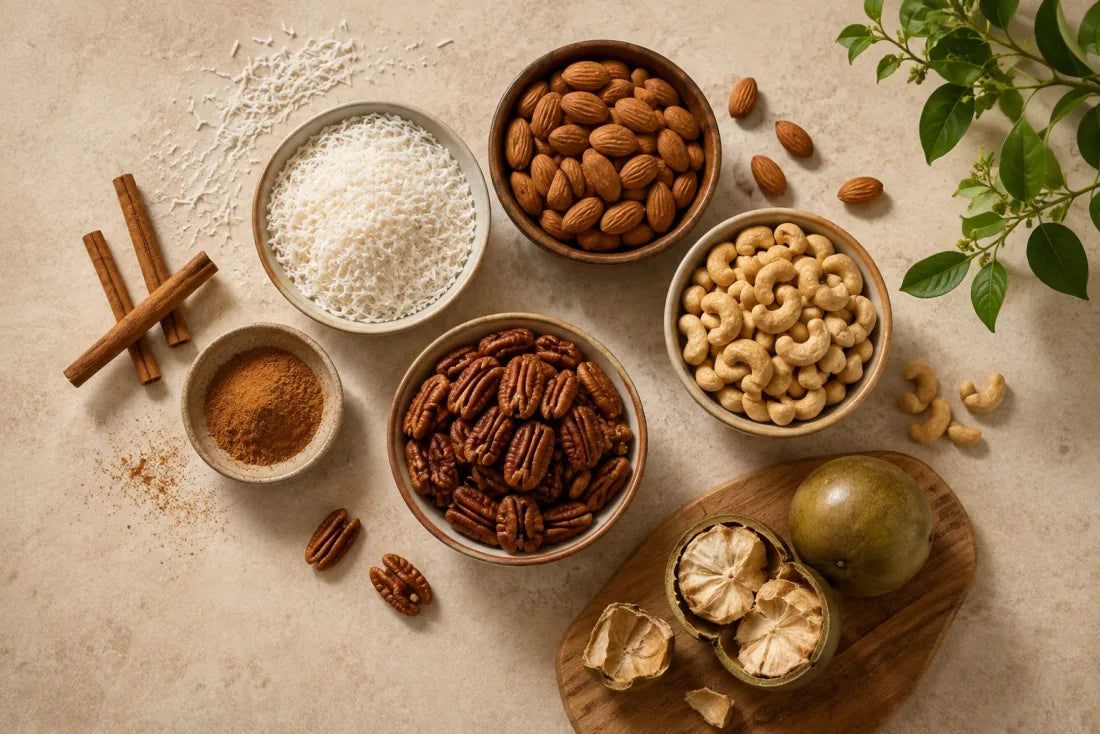 Bowls of almonds, cashews, pecans, and shredded coconut with cinnamon sticks.