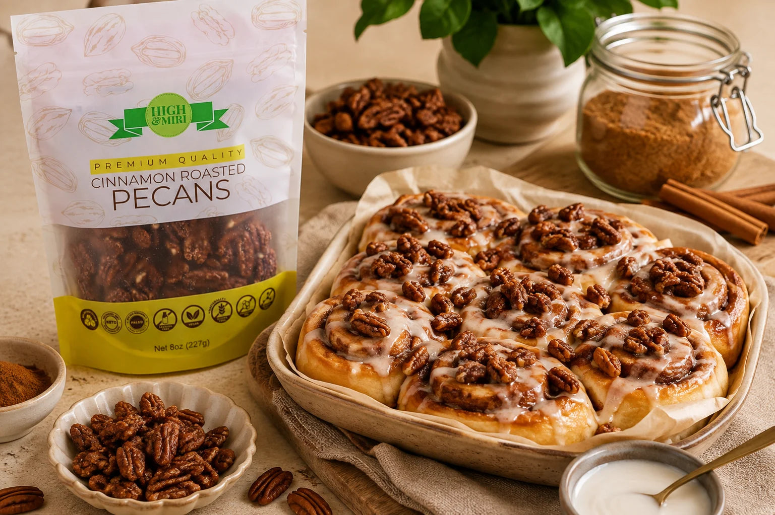 High&amp;Miri Cinnamon Roasted Pecans beside freshly baked pecan cinnamon buns.